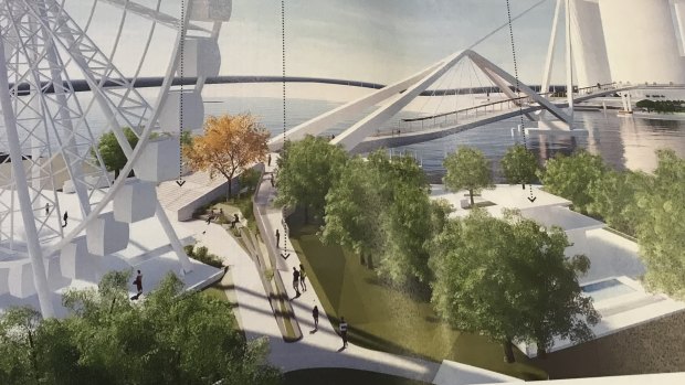 How the new Neville Bonner Bridge will connect to South Bank in front of the Wheel of Brisbane. Four trees will be lost if the plans are adopted.