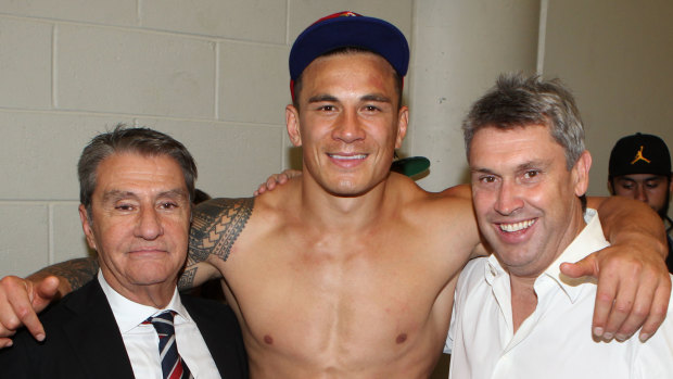 Nick Politis and David Gyngell with Sonny Bill Williams after the 2013 premiership triumph.