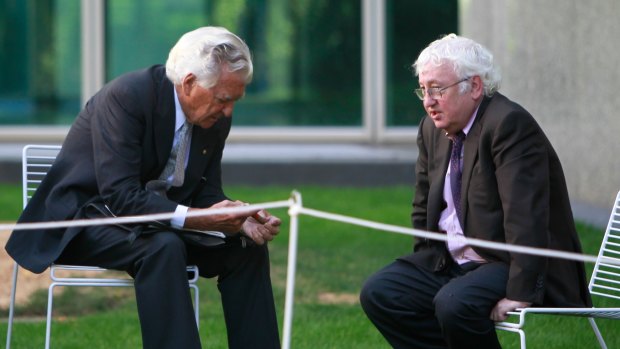 Bob Hawke chats with former ACTU warrior Bill Kelty  at Parliament House in 2011.