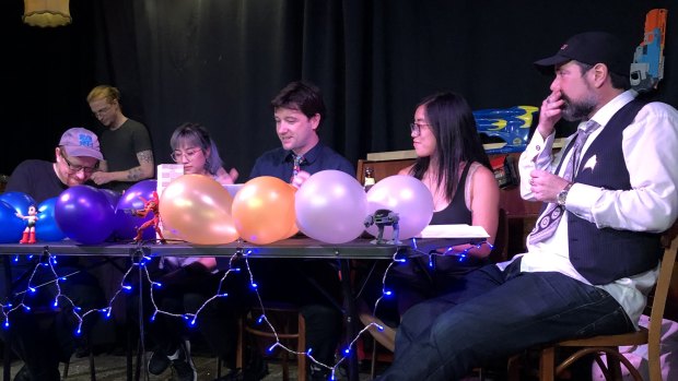 At <i>Roll for Intelligence</i>, from left: Euan Bowen (player and former Master of Dungeons), Jack Collins (bard), Helen Luan (player), Joel Barcham (Master of Dungeons and former player), Sharona Lin (player), and Andrew Galan (player). 