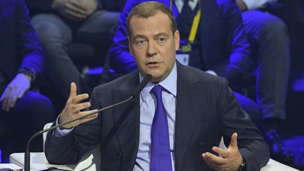 Russian Prime Minister Dmitry Medvedev says anti-Russian "hysteria" has become chronic. 