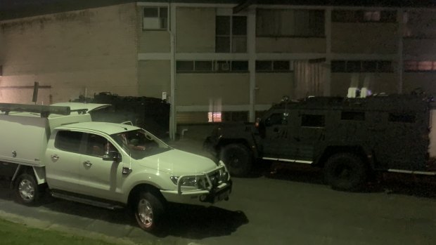 Armoured police vehicles in Southport on the Gold Coast during the standoff.
