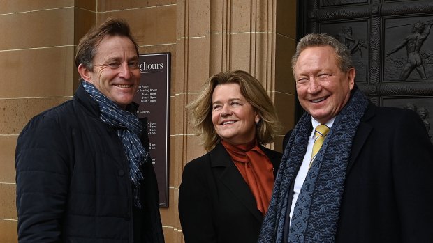 From left: Richard Harris, Nicola Forrest and Andrew Forrest when Minderoo Pictures was launched in late 2021.