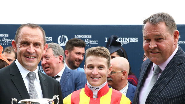 Chris Waller and fellow kiwis James McDonald celebrate Nature Strip's Galaxy with oener and All Blacks coach Steve Hansen