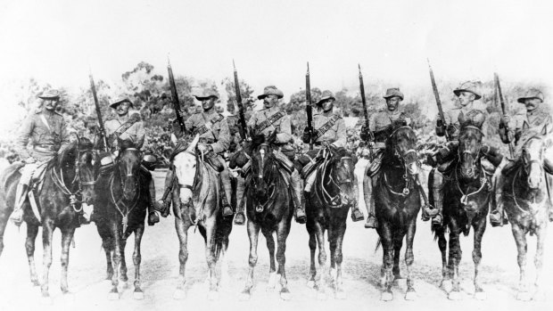 Harry ''Breaker'' Morant, third from left, with members of the South Australian Infantry who left for the South African in February 1900.
