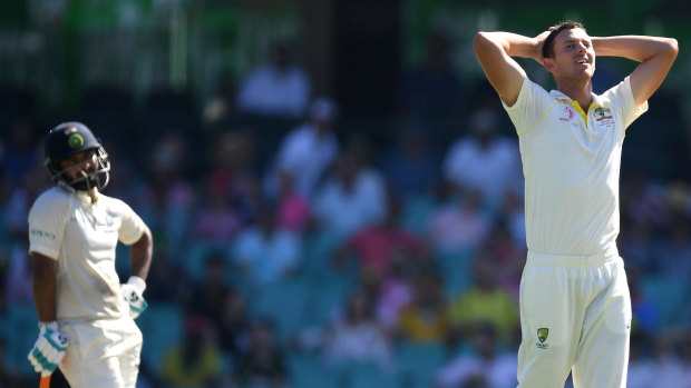 Josh Hazlewood of Australia reacts after an unsuccessful appeal for lbw on Rishabh Pant of India on day two.