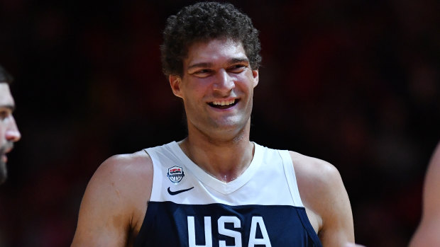 "It was unreal": Brook Lopez laughs as he is subbed back into the USA's win over Canada in Sydney.