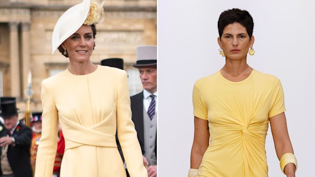 Princess Catherine in Emilia Wickstead and a model in Gary Bigeni at Australian Fashion Week.