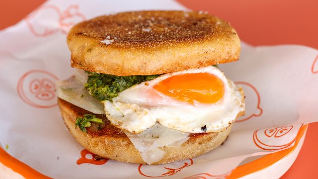 Egg and cheese muffin with goat’s gouda, shallot chimichurri and jalapeno relish.