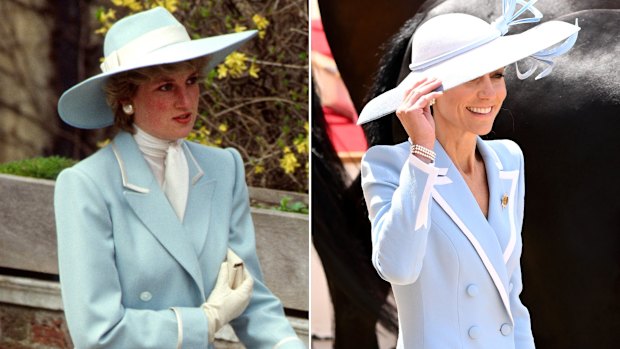 Diana, Princess of Wales, in 1987, and Catherine, Princess of Wales, at Trooping the Colour in 2026, both wearing Catherine Walker.