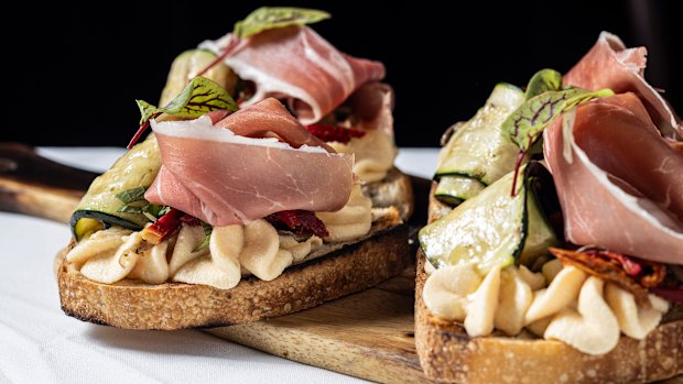 The bruschetta of the day changes with the seasons, with the charred bread perhaps topped with ricotta mousse, tomato, shaved zucchini and prosciutto.