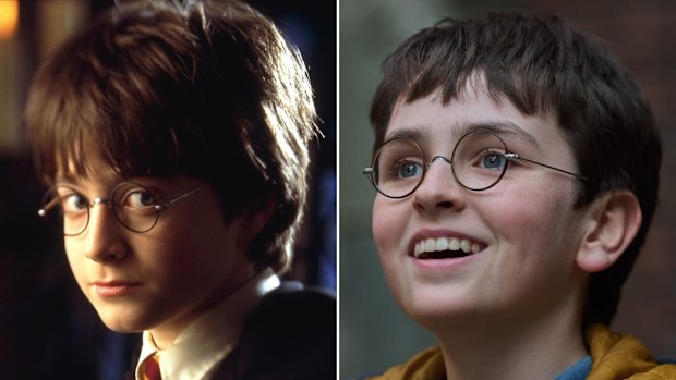 Daniel Radliffe (left) in the original 2001 film Harry Potter and the Philosopher’s Stone and Dominic McLaughlin as the new Harry Potter in the TV series. 