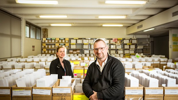 VCE physics chief assessor Andrew Hansen and Victorian Curriculum and Assessment Authority executive director Kelly Jarvis at the VCE exam processing centre in Coburg.