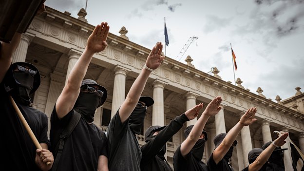 Neo-Nazis salute outside Parliament House in Melbourne during the Let Women Speak rally in March.