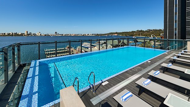 Waterfront views from Doubletree’s rooftop bar and pool.