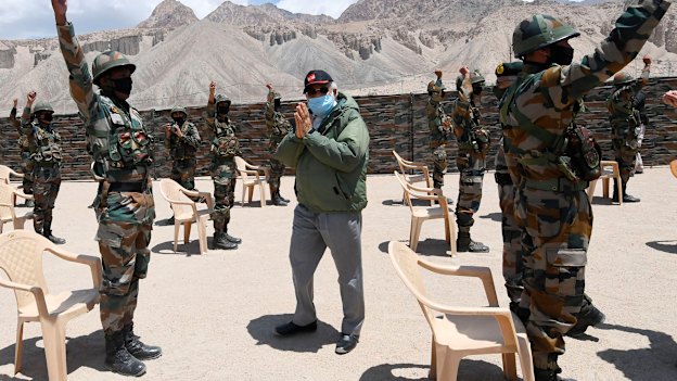 Indian Prime Minister Narendra Modi makes a surprise visit to a military base in remote Ladakh in July. 