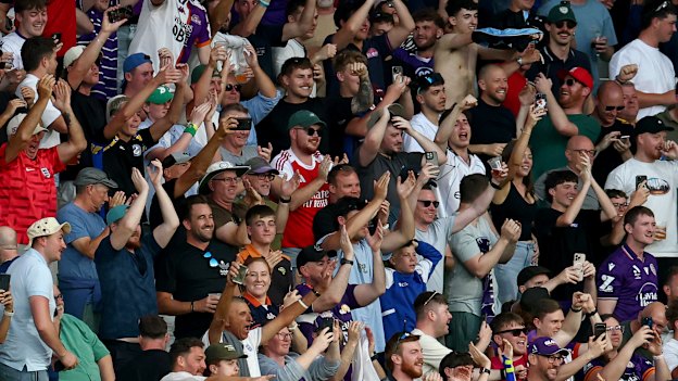 The Barmy Army infiltrates the Perth Glory away fans section at AAMI Park in Melbourne.