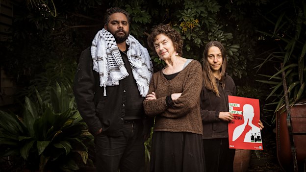 Fiona Cochrane (centre), with son Norbert Williams and close family friend Pia Ewings, are regulars at the pro-Palestine protests.