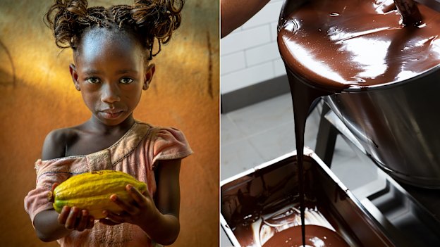Above left: in Ivory Coast, more than a third of children in agricultural households were found to be engaging in hazardous labour, much of it on cocoa farms. Above right: Melbourne bean-to-bar operation Cuvée produces a tonne of chocolate every month. 