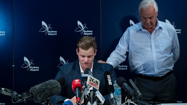Smith’s tearful press conference, with dad Peter, on his return to Australia.
