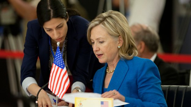 Huma Abedin with Hillary Clinton, then US secretary of state, in 2010, the year before Abedin’s husband’s scandal turned her world upside down.