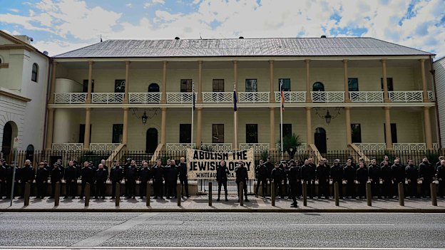 The National Socialist Network holding a rally outside NSW Parliament in Sydney.