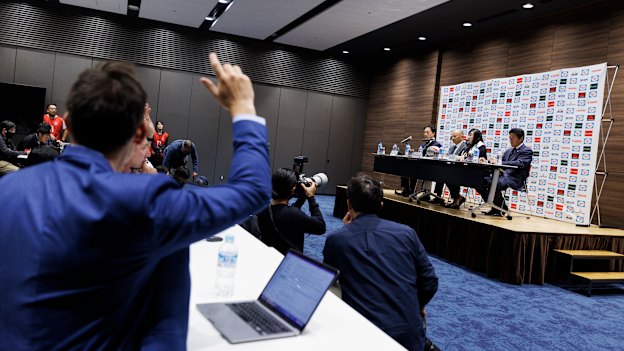 Herald reporter Tom Decent at a press conference in Tokyo where Eddie Jones was unveiled as Japan’s rugby coach.