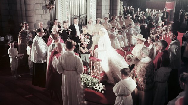 Prince Rainier and Grace Kelly marry in Monaco in 1956.
