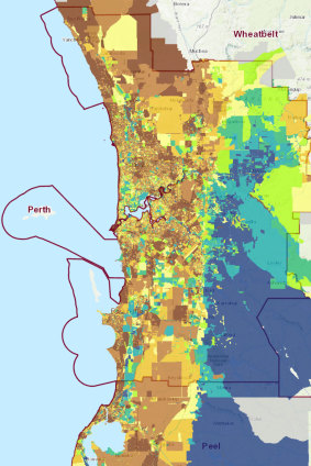 The Department of Planning, Lands and Heritage’s urban forest map from 2020. Areas in red have a tree canopy coverage of less than 5 per cent and areas in orange are between 5 and 10 per cent.