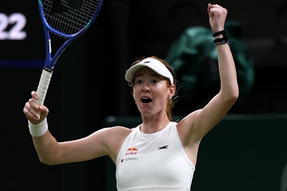 Maya Joint celebrates her win against Serena Williams.