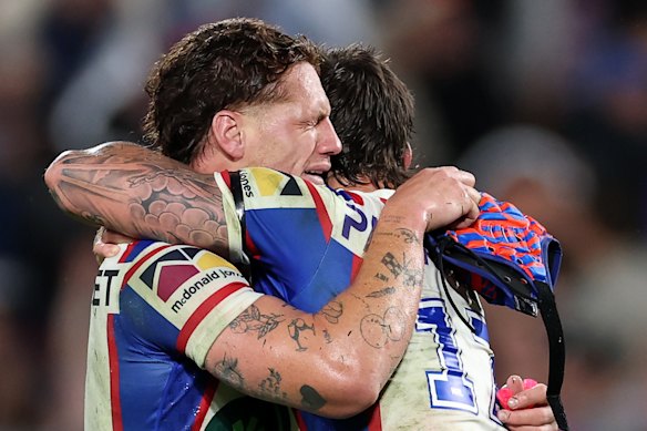 The tears flow for Kalyn Ponga and Dylan Lucas as they celebrate Newcastle’s unlikely victory.