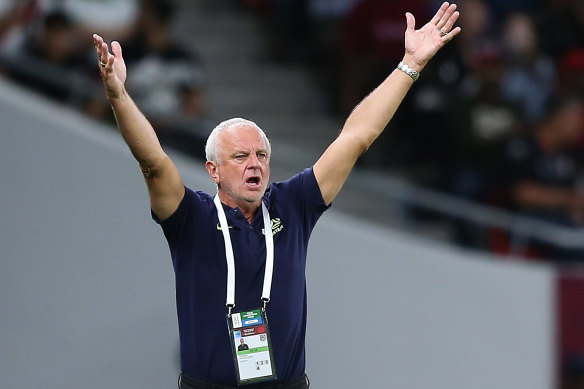 Graham Arnold reacts during the Socceroos’ clash with Peru.