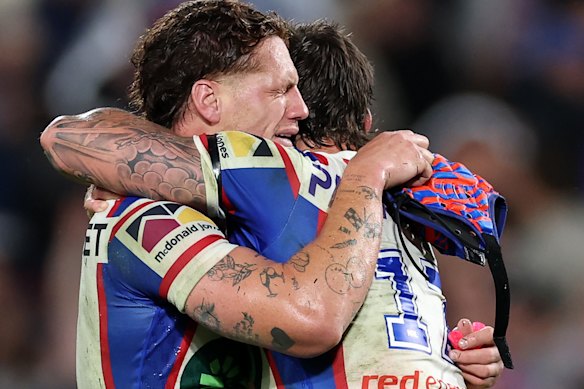 The tears flow for Kalyn Ponga and Dylan Lucas as they celebrate Newcastle’s unlikely preliminary final victory.