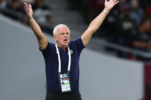 Graham Arnold reacts during the Socceroos’ clash with Peru.