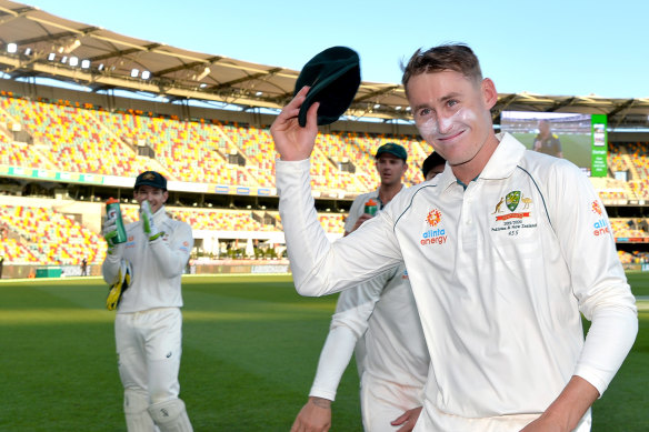 Labuschagne acknowledges the few fans present at the Gabba.