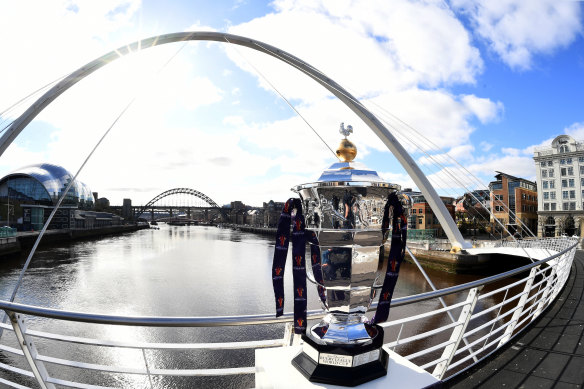 The trophy up for grabs in the 2021 Rugby League World Cup.
