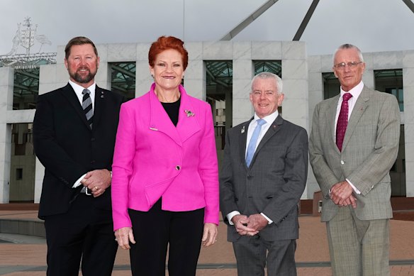 One Nation has four senators after the May election: Tyrone Whitten (left) and Warwick Stacey (right) joining Pauline Hanson and Malcolm Roberts.