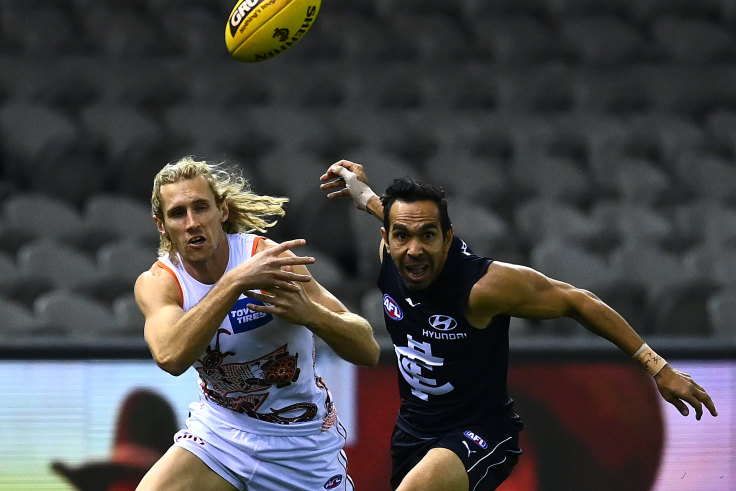 Levi Casboult of the Blues reacts after missing goal in the last quarter  during the Round 12 AFL match between the Carlton Blues and the GWS Giants  at Etihad Stadium in Melbourne, Sunday, June 11, 2017. (AAP Image/Julian  Smith Stock Photo - Alamy