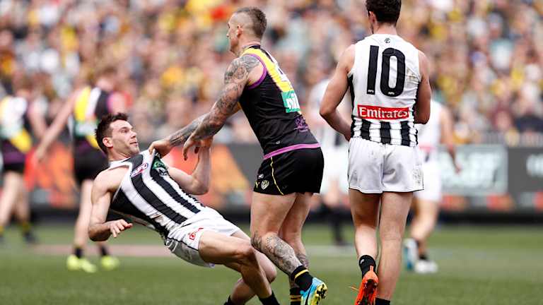 Tagged to distraction: Levi Greenwood and Dustin Martin have gone head-to-head in the past.