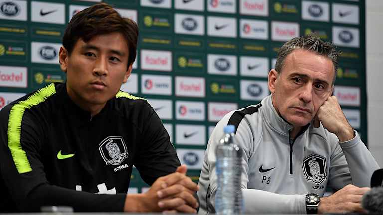 Pedigreed opponent: Korea Republic coach Paulo Bento and Koo Ja Cheol speak to the media following a training session at Suncorp Stadium.