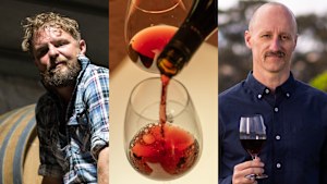 AFR Magazine May 2026 issue. Drinks column by Max Allen. Composite for index use: Winemaker Sven Joschke; Yalumba grenache is poured; Sam Wigan of Yalumba. 