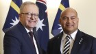 Prime Minister Anthony Albanese and President of Nauru, David Adeang after the signing of the visitors book ahead of a bilateral meeting at Parliament House in Canberra.