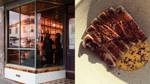 Scholé (Schole) in Hobart; grilled southern calamari, hemp, Meyer lemon cream, espelette pepper.