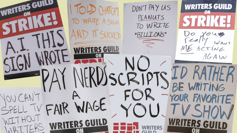 Striking signs at Hollywood writers’ protest