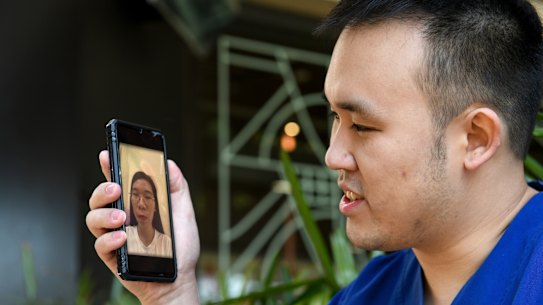 Dr Raymond Chan speaks on Facetime with his Vietnamese fiancee, Thi Dung Nguyen, who has a Prospective Spouse visa but cannot get a travel exemption.
