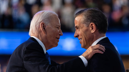 President Joe Biden embraces his son Hunter Biden at the Democratic National Convention in Chicago in August.