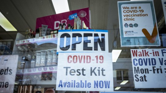 29/12/21 This Pharmacy on Sydney Road, Brunswick is displaying a sign showing they have supply of Rapid Antigen Test kits. Photograph by Chris Hopkins