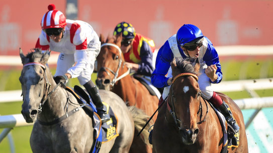 Regan Bayliss punches the air as Libertini races away from Classique Legend in the Premiere Stakes.
