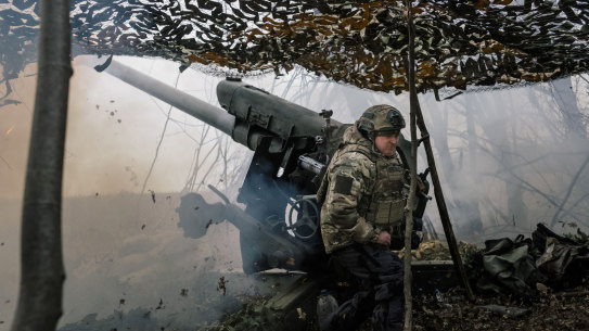 Russian soldiers at an artillery position in the Kursk region, in Russia, in December.