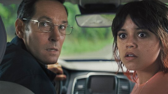 Paul Rudd and Jenna Ortega in a scene from Death of a Unicorn